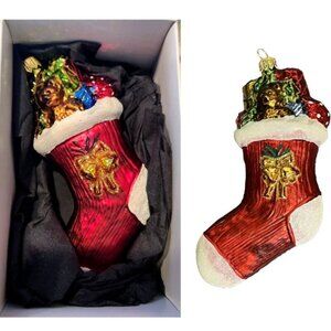 NIB MAX Glass Stocking Ornament CHRISTMAS Mouth Blown Painted Poland Mercury